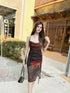 Mesh Crowl Neck Floral Runch Spaghetti Strap Dresses